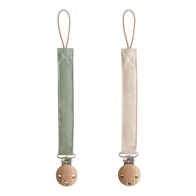 mushie Linen Baby Pacifier Clip Holder | Soft Fabric Strap, 2-Pack (Olive/Shifting Sand) | Amazon (US)