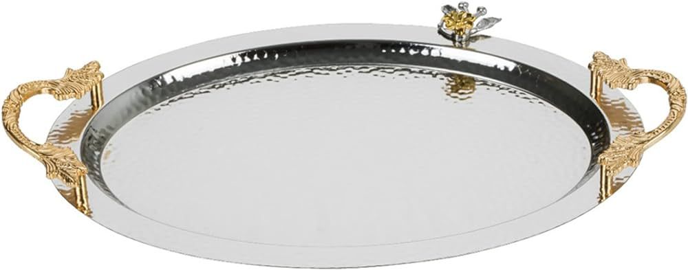 Ornamental Big Oval Gold Serving Tray with Leaf Handles, Anti Tarnish Serving Tray, Hammered Desi... | Amazon (US)