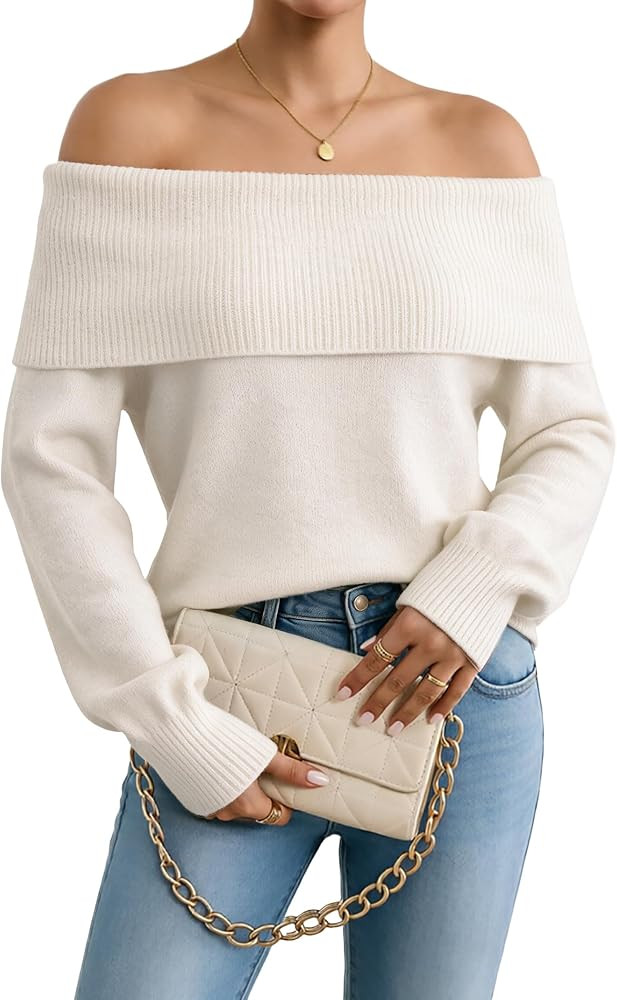 Womens Off The Shoulder Sweater Sexy Ribbed Knit Fall Going Out Tops | Amazon (US)