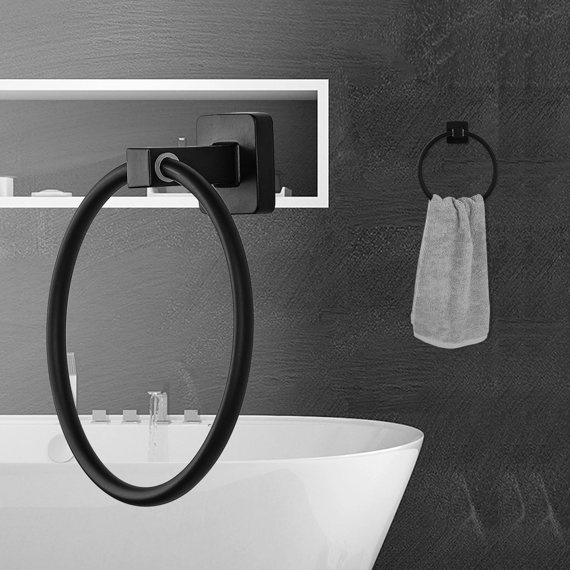 Towel Ring Wall Mounted Zinc-Alloy Towel Holder Waterproof 5.5" Ring - Matte Black - 6.1" x 2.4" x 6.7"(W*Deep*H) | Bed Bath & Beyond