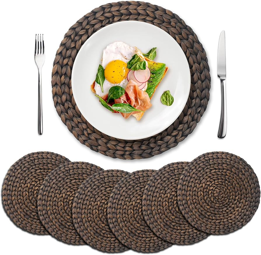 6 Pack, Round Woven Placemats, Natural Water Hyacinth Wicker Place mats, Braided Straw Table Mats... | Amazon (US)