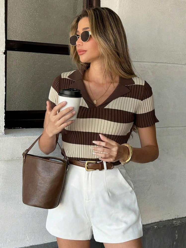 Pariaura Blusa De Verano De Manga Corta Con Cuello Polo De Punto A Rayas En Contraste, Estilo De Calle Francés | SHEIN