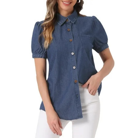 DARING DIVA Women s Denim Short Puff Sleeve Spread Collared Button Up Shirt S Deep Blue | Walmart (US)