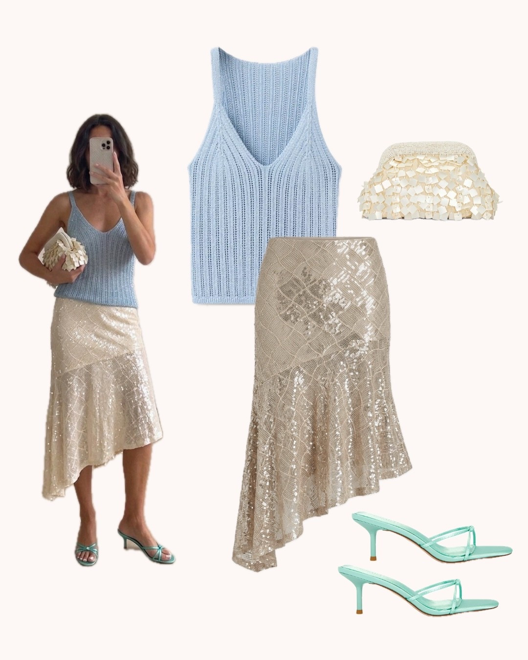 🧜🏼‍♀️🐚 The unexpected combination that makes people ask. A soft knit top — the kind you reach for without thinking — worn with a skirt that catches every light in the room. The mint heels are the detail that makes it yours. Getting dressed should feel like this more often: surprising, a little playful, entirely right. 

 #LTKsummer #LTKeurope #LTKstyletip