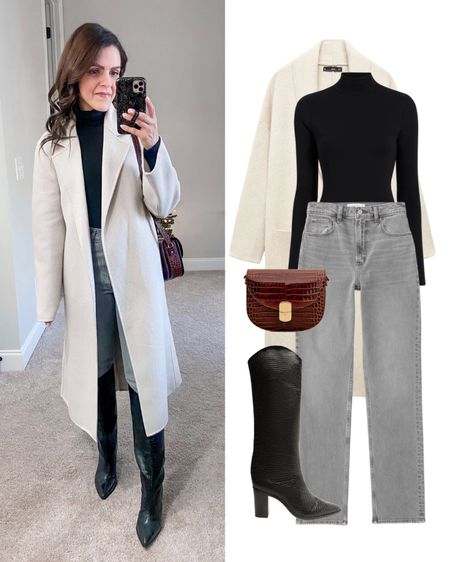 Holiday date night idea: Grey wash skinny Jean, turtleneck bodysuit, knee high boot, croc crossbody bag, long knit coat 

#LTKstyletip
