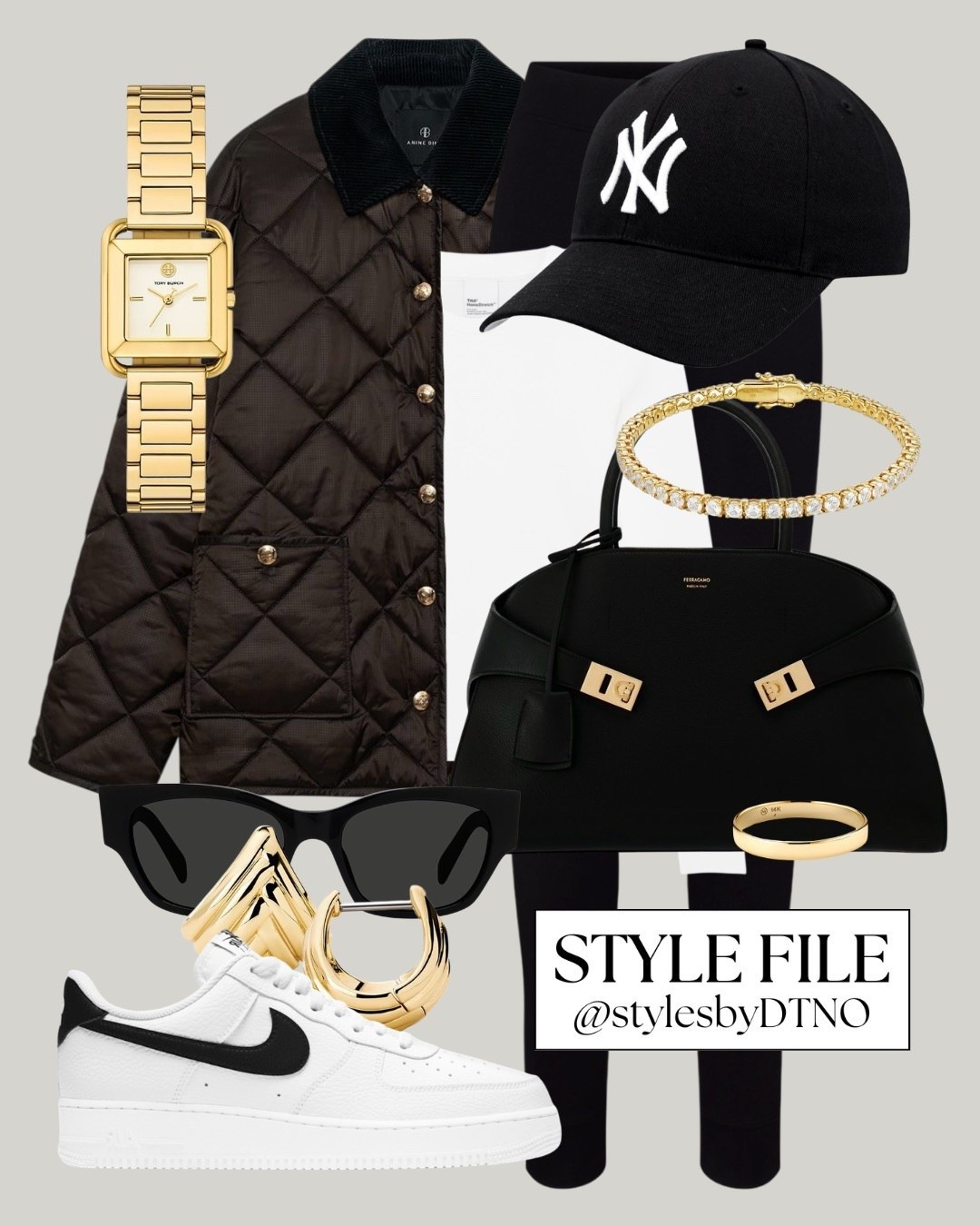 Styling a brown Anine Bing quilted jacket with a white long sleeve top, black high waisted jersey leggings, Nike Air Force 1 ‘07 sneakers, a Ferragamo medium tote bag, and a New York Yankees baseball cap (affordable alternatives are listed below)

Tags: Spring Outfit, Capsule Wardrobe 2026, Minimalist Fashion, OOTD, What To Wear, Outfit Ideas, Neutral Fashion, Elevated Casual, Look For Less, High Street Fashion, Everyday Outfit, Sporty Chic Style, 

#LTKSaleAlert #LTKSeasonal #LTKootd