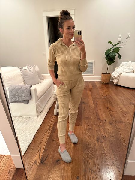 Walmart lounge outfit is selling out SO FAST! Wearing size Small. Under $25 for ribbed sweater hoodie and joggers. Shoes are most comfy ever!

#LTKSeasonal #LTKshoecrush #LTKfindsunder50