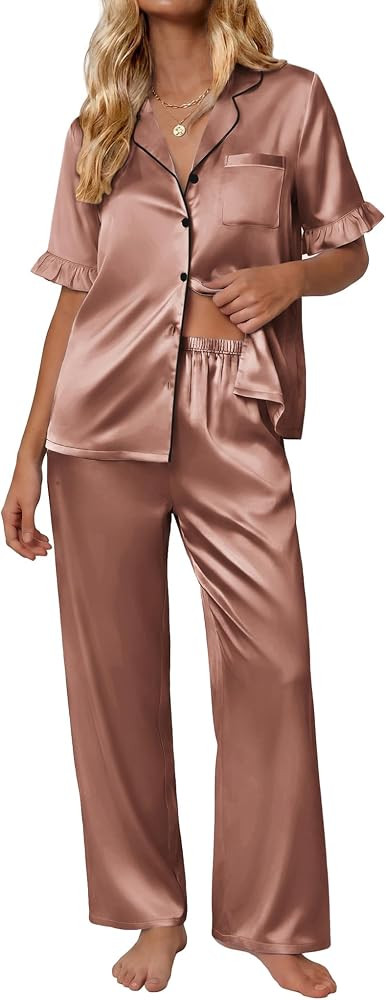 Ekouaer Silk Satin Pajamas for Women Set 2 Piece Short Sleeve Button Up Pjs | Amazon (US)