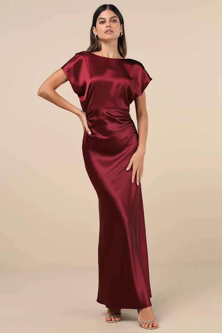 Captivating Presence Wine Red Satin Cowl Back Maxi Dress | Lulus