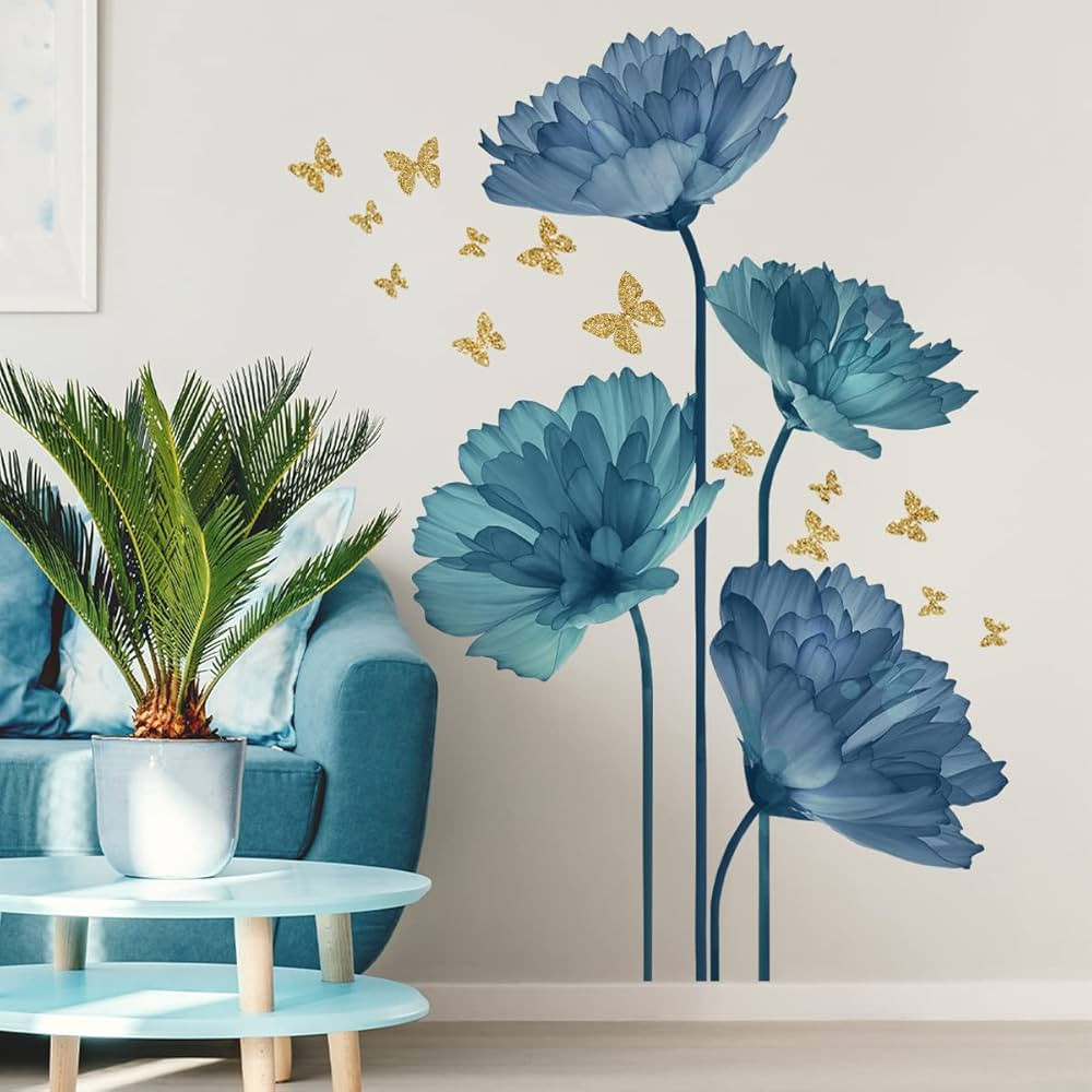 Runtoo Large Blue Flower Wall Decals Butterfly Floral Wall Stickers Backdrop for Living Room Bedr... | Amazon (US)