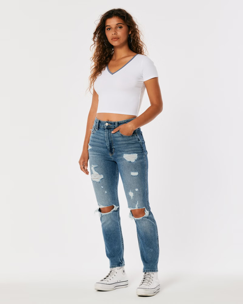 Women's Ultra High-Rise Ripped Light Wash Mom Jeans | Women's Bottoms | HollisterCo.com | Hollister (US)