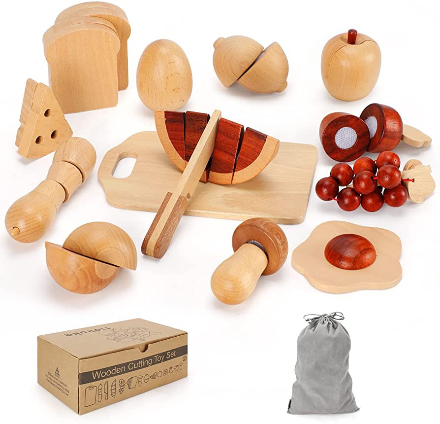 WHOHOLL Wooden Play Food, Toddler Cutting Play Food Sets for Kids Kitchen, Velcro Fake Food Fruit... | Amazon (US)