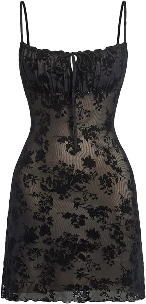 Milumia Women's Floral Print Ruched Cami Dress Spaghetti Strap Tie Front Bodycon Mini Dresses | Amazon (US)