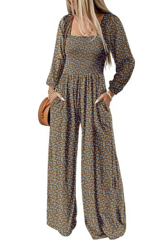 Dokotoo Womens Casual Loose Overalls One Piece Long Sleeve Jumpsuits for Women Stretchy Long Sleeve Wide Leg Long Pant Rompers Jumpsuit with Pockets Printed 2024 Fashion Small Brown | Amazon (US)