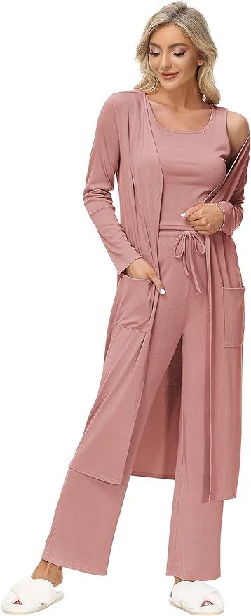 Womens Winter 3 Piece Lounge Set Outfit Crop Tops Long Cardigan Pajamas Set at Amazon Women’s C... | Amazon (US)
