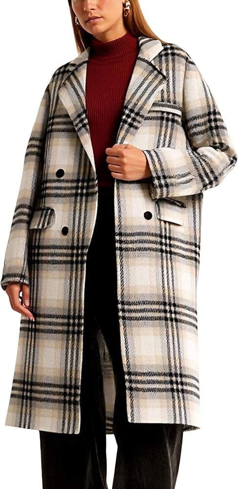 CHARTOU Women Long Wool Plaid Pea Coat Double Breast Midi Long Trench Peacoat Overcoat with Belt | Amazon (US)