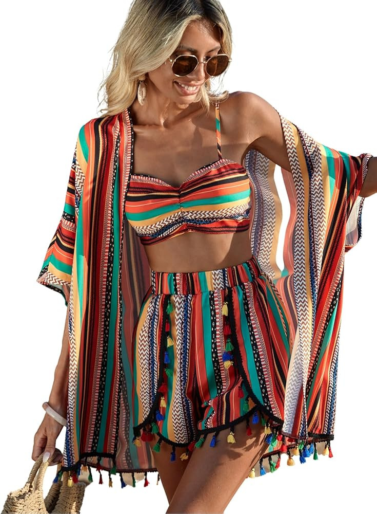 Verdusa Women's 3 Piece Outfits Short Sleeve Open Front Kimono and Boho Cami Top and Tassel Trim ... | Amazon (US)