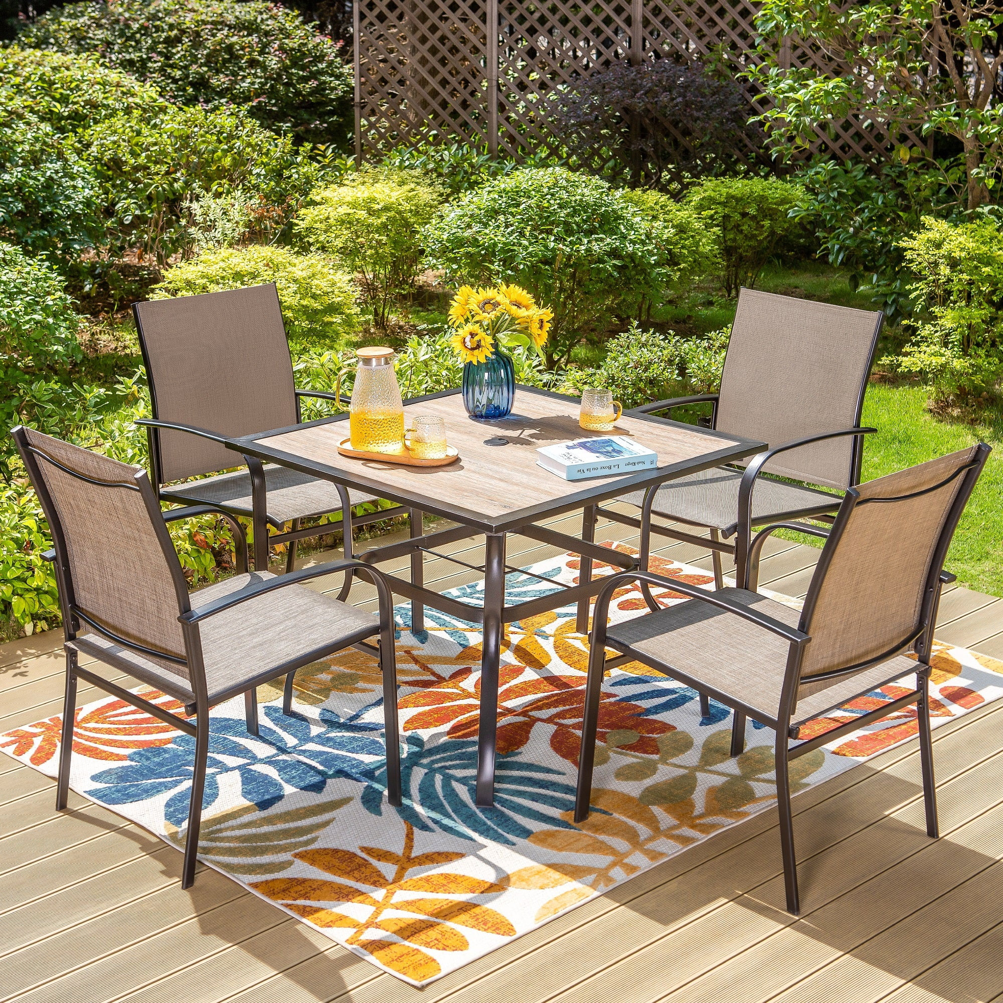 5-Piece Outdoor Patio Dining Set with 4 Textilene Chairs & 1 Wood Grain Table, Black & Gray-brown - Walmart.com | Walmart (US)