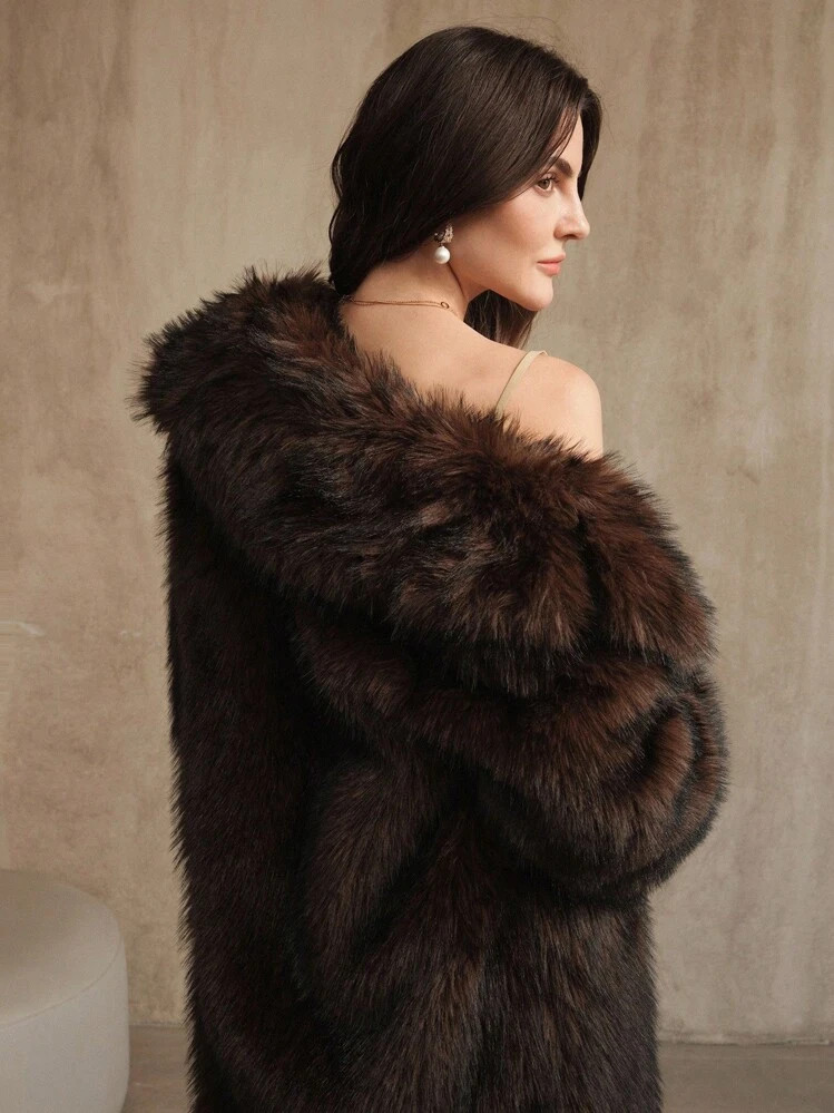 Anewsta Women's Elegant Luxury Brown Faux Fur Collar Long Coat, Suitable For Winter Party







... | SHEIN