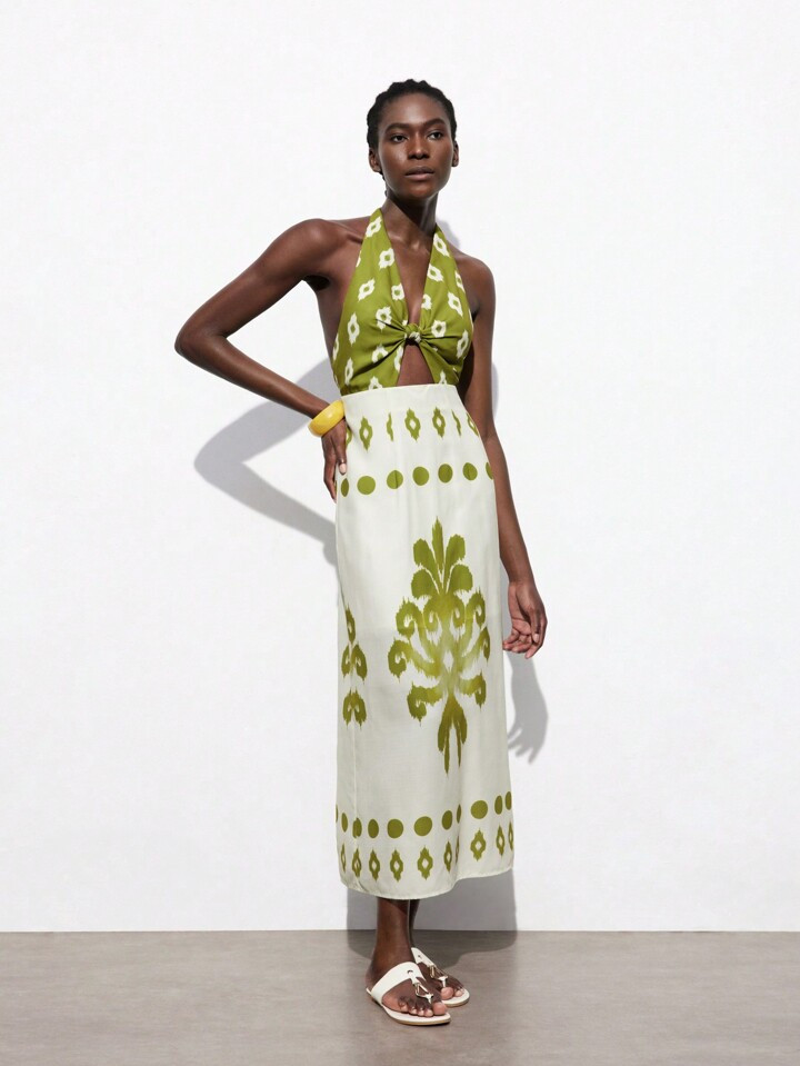 SHEIN Maija Women's Geometric Print Dress Summer, Twisted Bust, Hollow Waist, Halter Neck | SHEIN