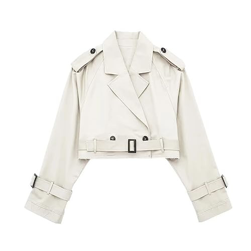 Perbai Womens Cropped Trench Coat Lightweight Lapel Double Breasted Belted Office Work Peacoat(Apricot-L) | Amazon (US)