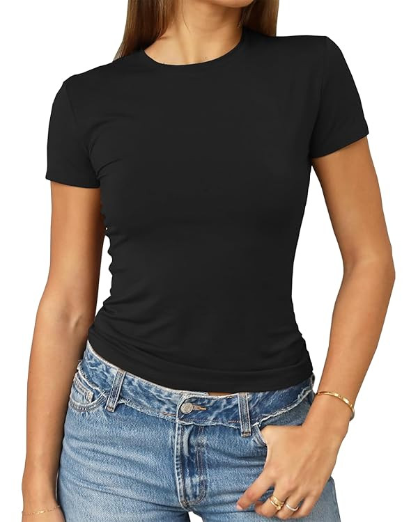 Abardsion Women's Casual Basic Going Out Crop Tops Slim Fit Short Sleeve Crew Neck Tight T Shirts... | Amazon (US)
