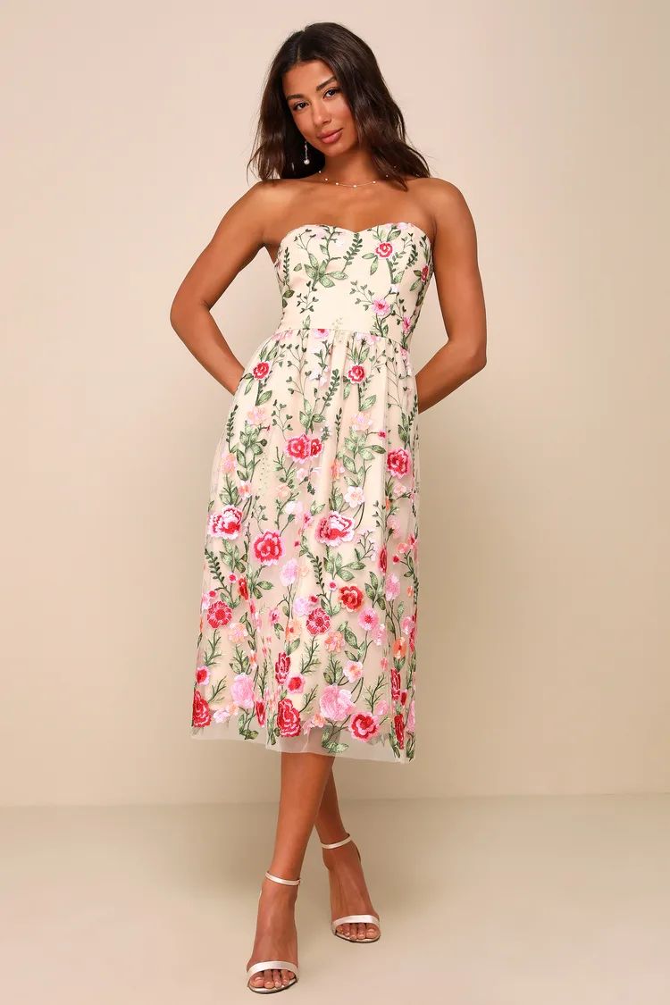 Endless Praise Beige Floral Embroidered Strapless Midi Dress | Lulus