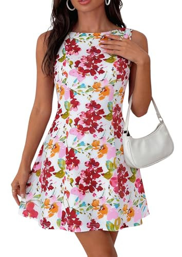 PRETTYGARDEN Womens 2026 Summer Short Dress Floral Sleeveless Boat Neck A Line Formal Cocktail Party Mini Dresses (Floral White Red,X-Small) | Amazon (US)