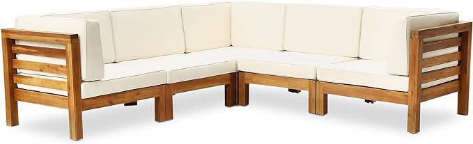 GDFStudio Dawson Outdoor V-Shaped Sectional Sofa Set - 5-Seater - Acacia Wood - Outdoor Cushions ... | Amazon (US)