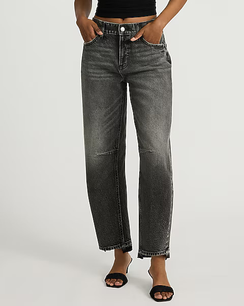 Mid Rise Washed Black Raw Hem Barrel Jeans | Express