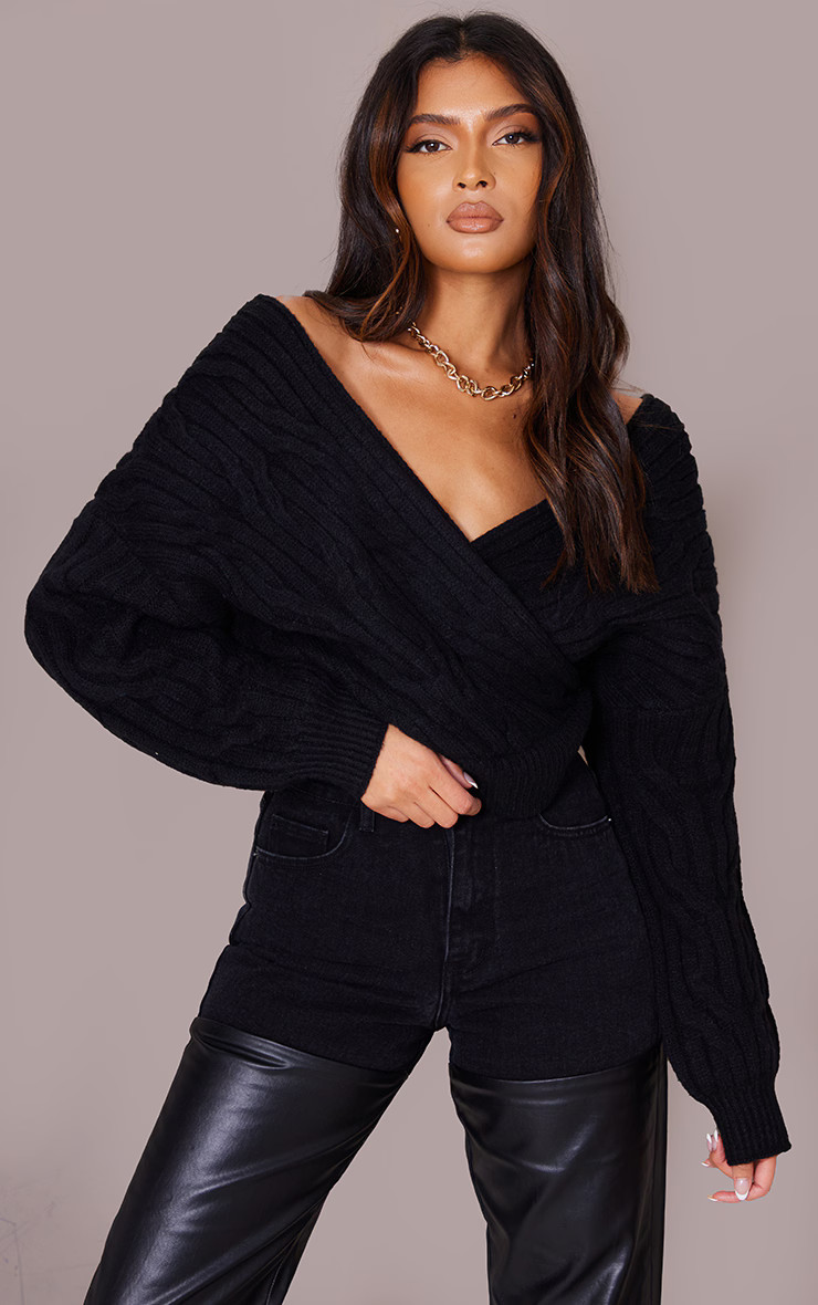 Black Chunky Rib Off Shoulder Crop Sweater | PrettyLittleThing US