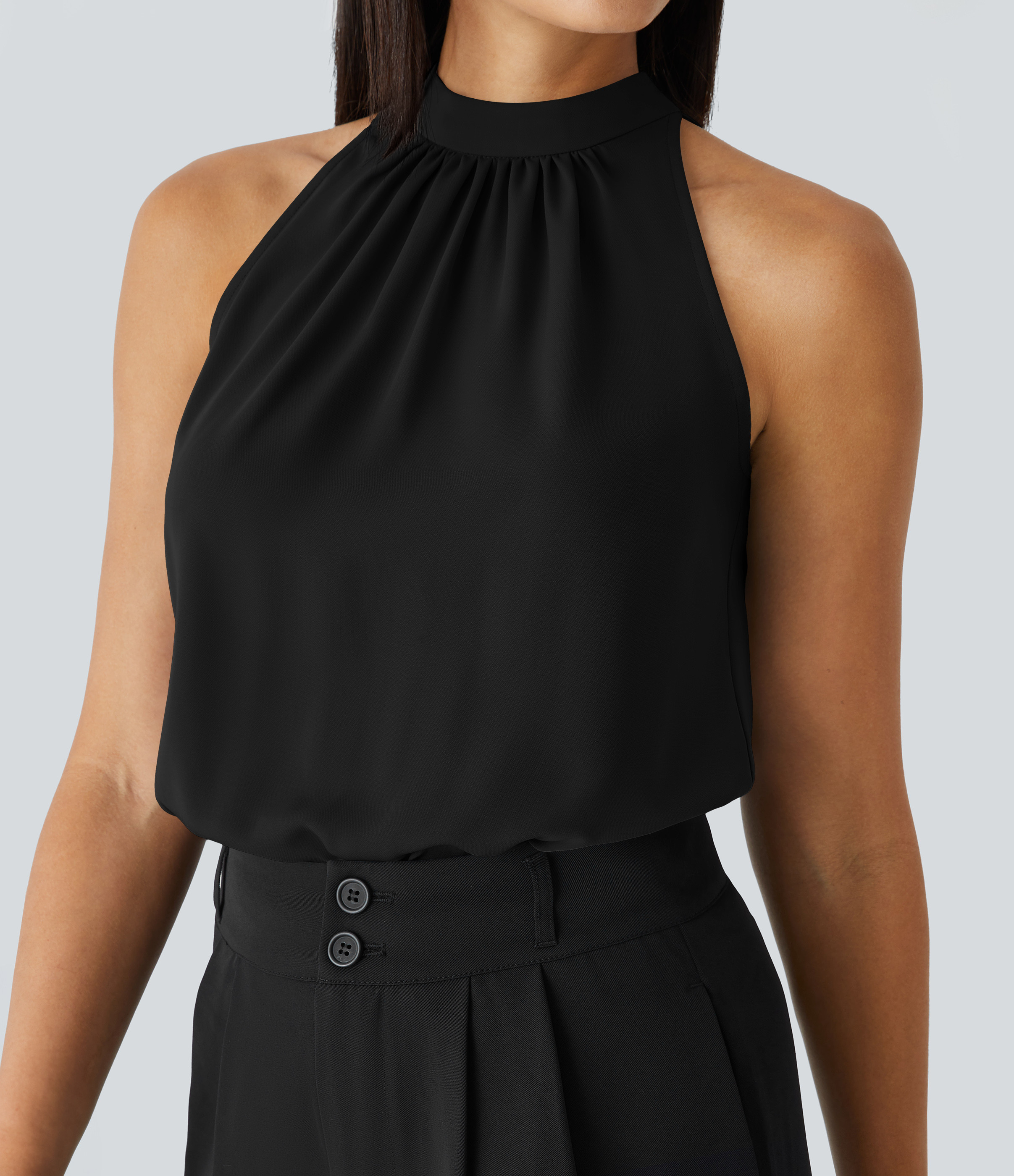 Halara Keyhole Back Halter Sleeveless Curved Hem Work Blouse  - Black - M | HALARA