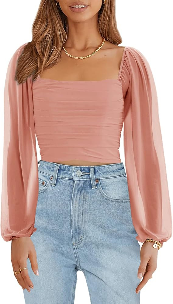 Wenrine Womens Mesh Long Sleeve Crop Tops Night Going Out Square Neck Off The Shoulder Ruched Shi... | Amazon (US)