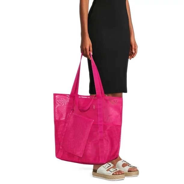 Time and Tru Women's Mesh Beach Tote Handbag, Fuchsia | Walmart (US)