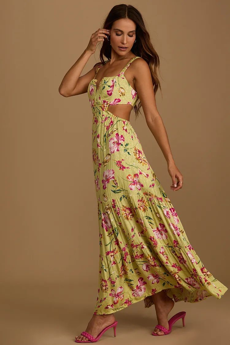 Sweet Statement Chartreuse Floral Print Cutout Maxi Dress | Lulus (US)
