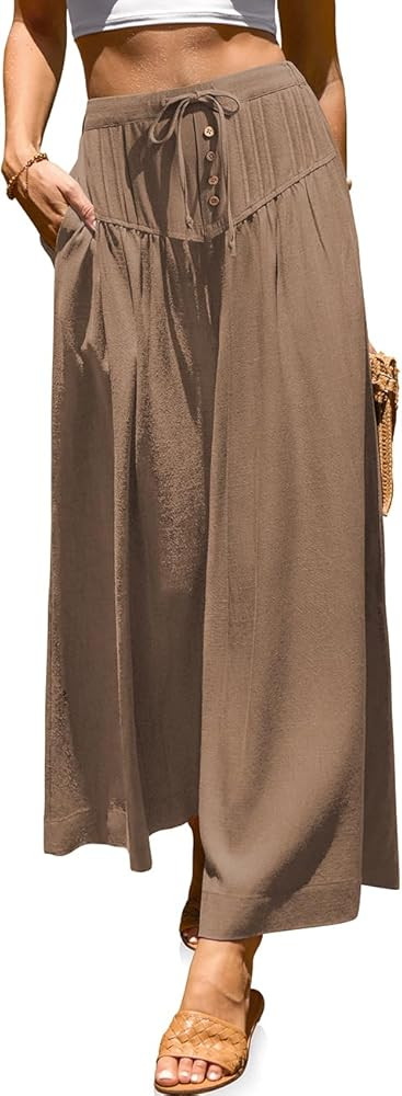 TARSE Women Linen Wide Leg Pants Palazzo High Waisted Boho Loose Casual Lounge Pant Beach Travel ... | Amazon (US)