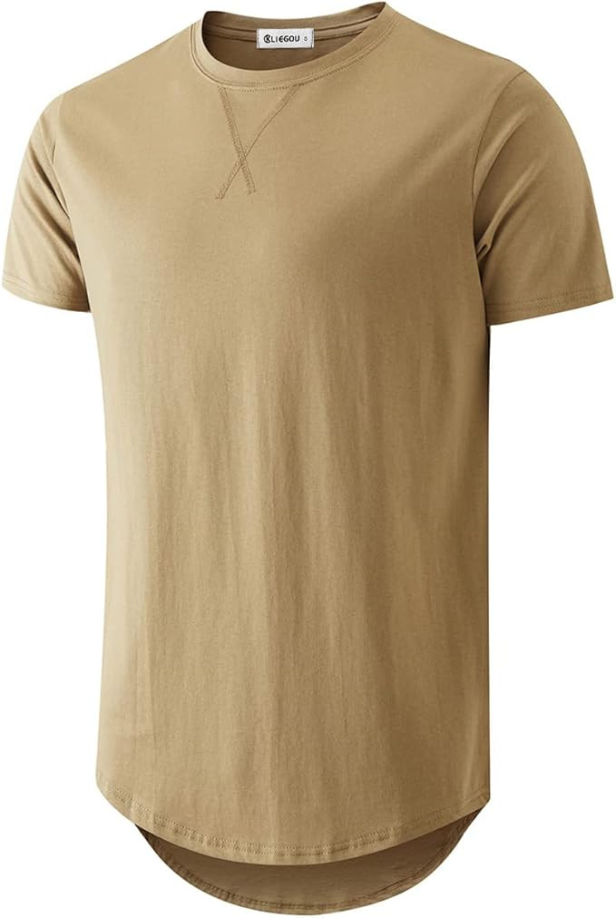 Amazon.com: KLIEGOU Mens 100% Cotton Hipster Hip Hop Longline Crewneck T-Shirt Khaki XL(66) : Clo... | Amazon (US)