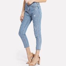 Raw Hem Faux Pearl Jeans | SHEIN