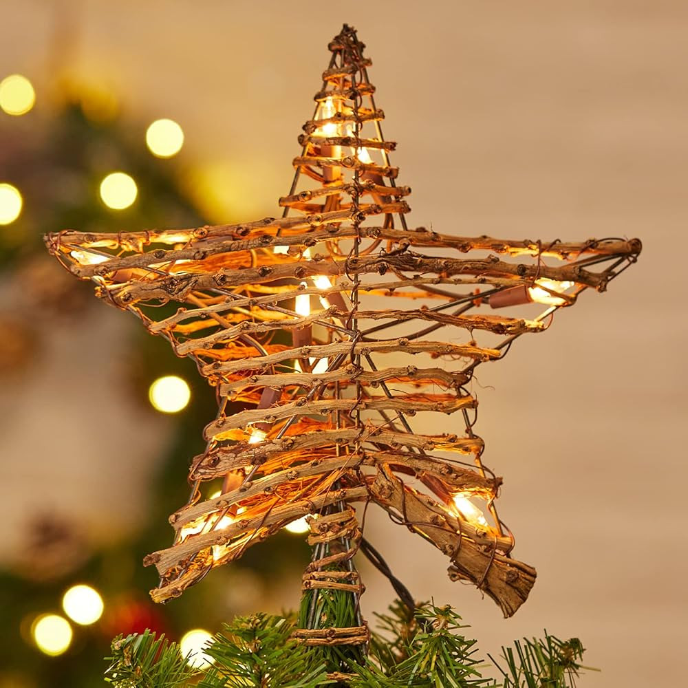 Christmas Star Tree Topper, Plug in 12" Rattan 3D Star Tree Topper, Rustic Rattan Natural Star, B... | Amazon (US)