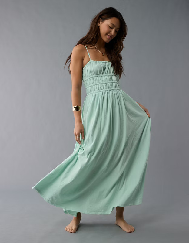 AE Sunchaser Knit Smocked Bodice Midi Dress | American Eagle Outfitters (US & CA)