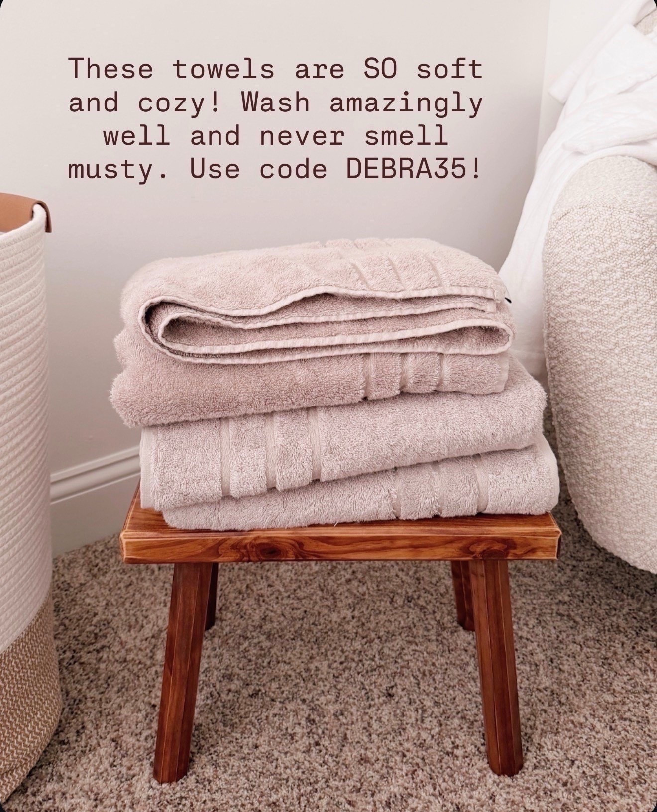 Soft, cozy, and they never smell musty. Even after washing. Use code DEBRA35.

luxury bath towels, soft bath towels, hotel style towels, neutral bathroom decor, spa bathroom essentials, bathroom refresh ideas, high quality towels, towels that do not smell, everyday home essentials

#LTKOver40 #LTKHome #LTKselfcare
