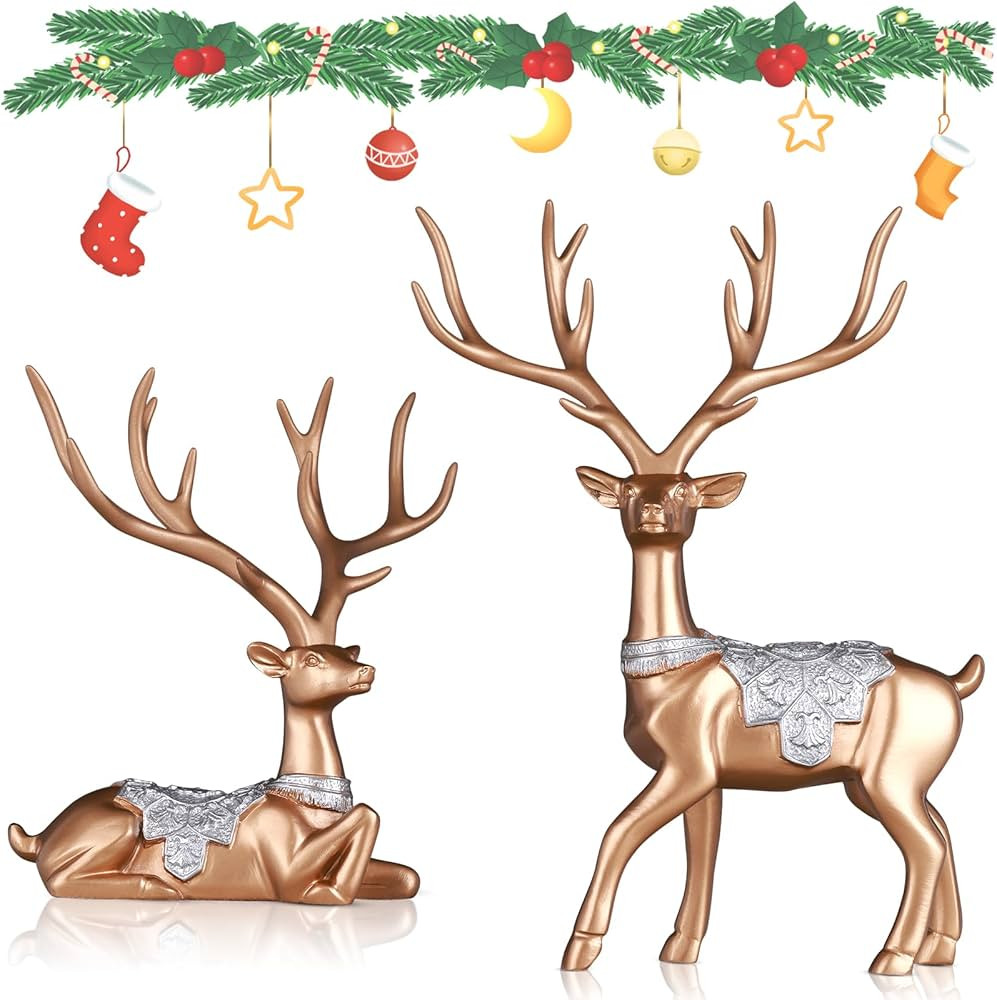 Set of 2 Christmas Deer Figurines, Gold Decorative Christmas Deer, Small Reindeer Christmas Decor... | Amazon (US)
