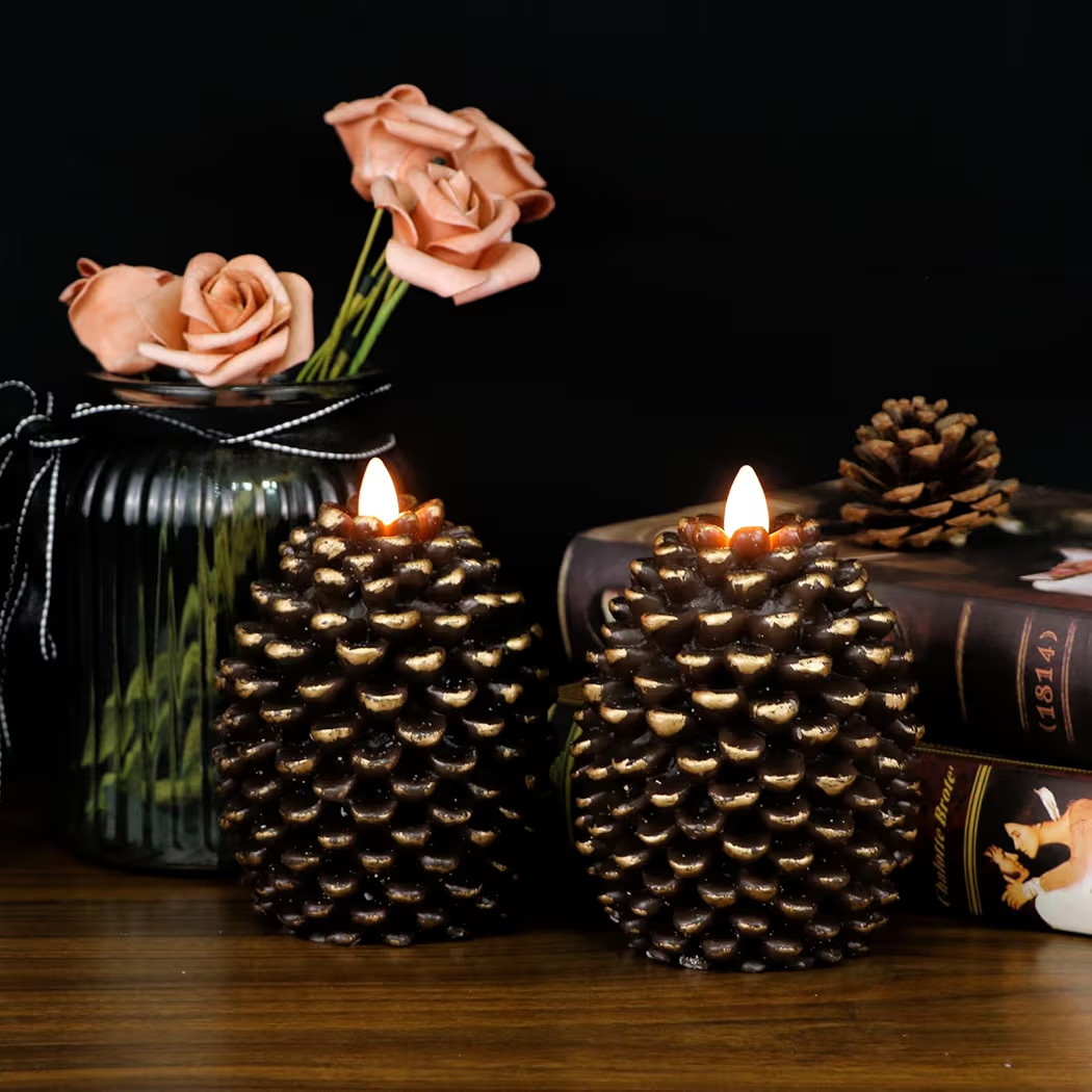 DRomance Flameless Pinecone Candles Battery Operated with 6 Hour Timer Set of 2 Real Brown Wax Fl... | Amazon (US)