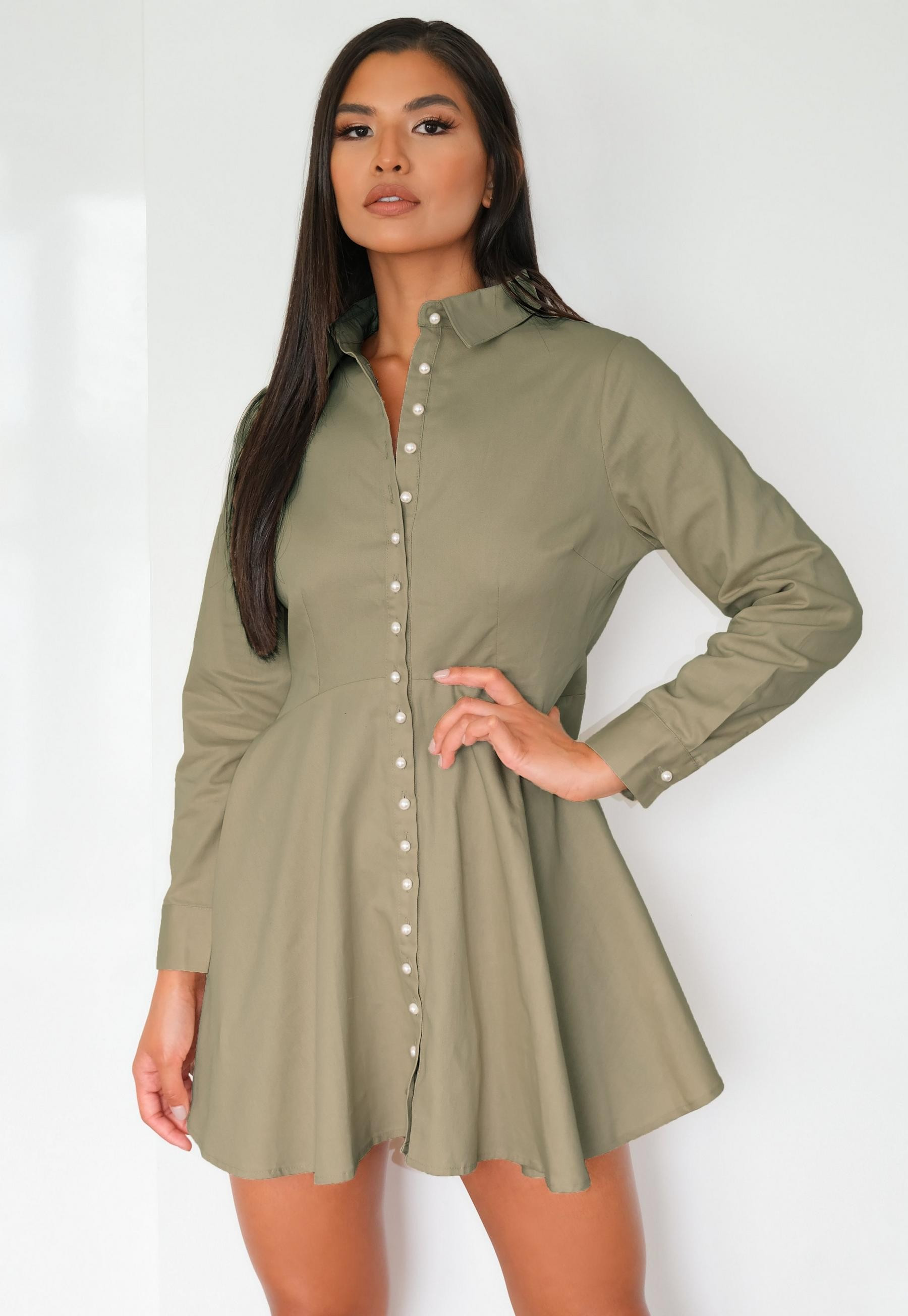 Tall Sage Pearl Button Shirt Dress | Missguided (US & CA)