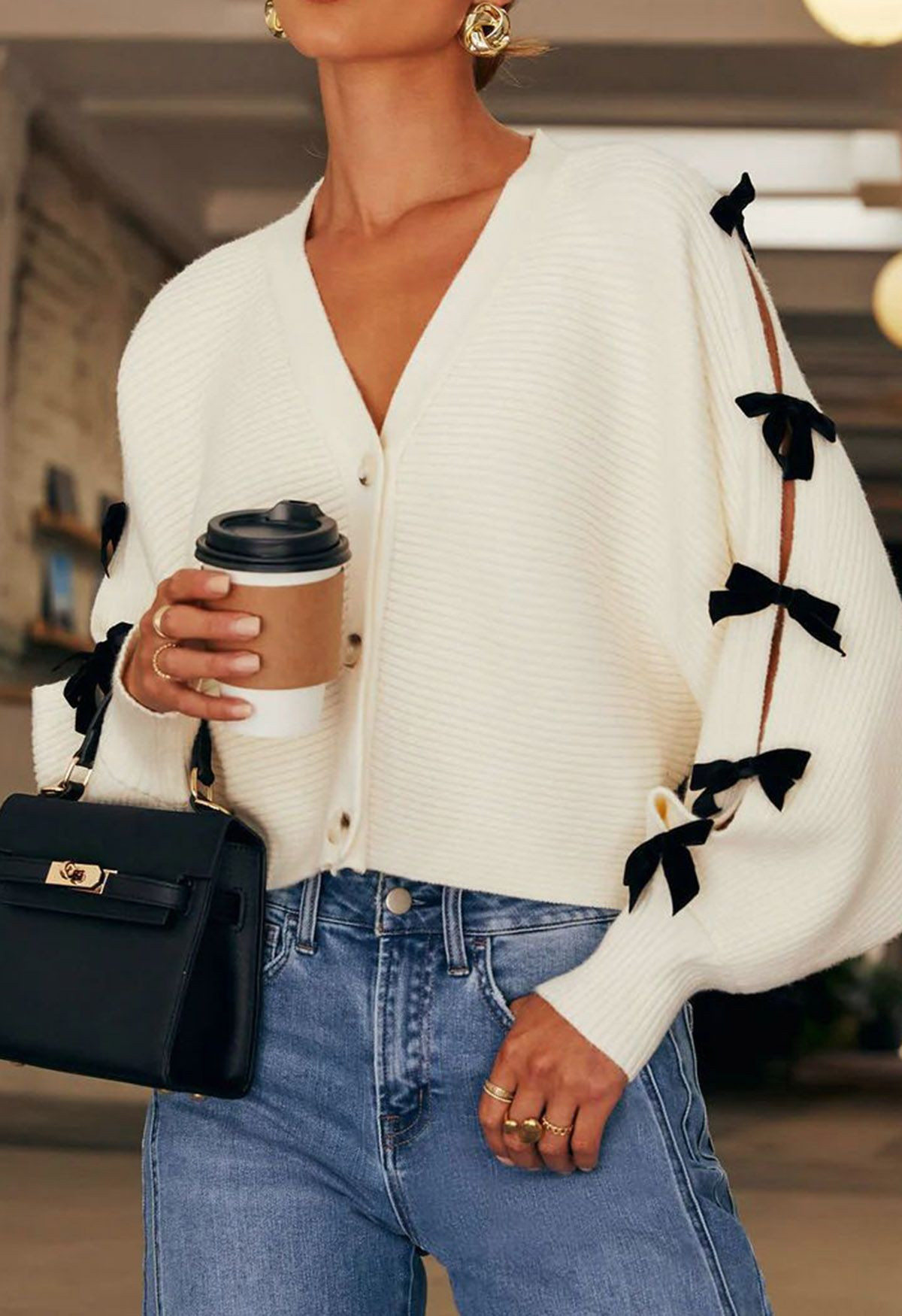 Bowknot Split Sleeve Button Down Cropped Cardigan in Ivory | Chicwish