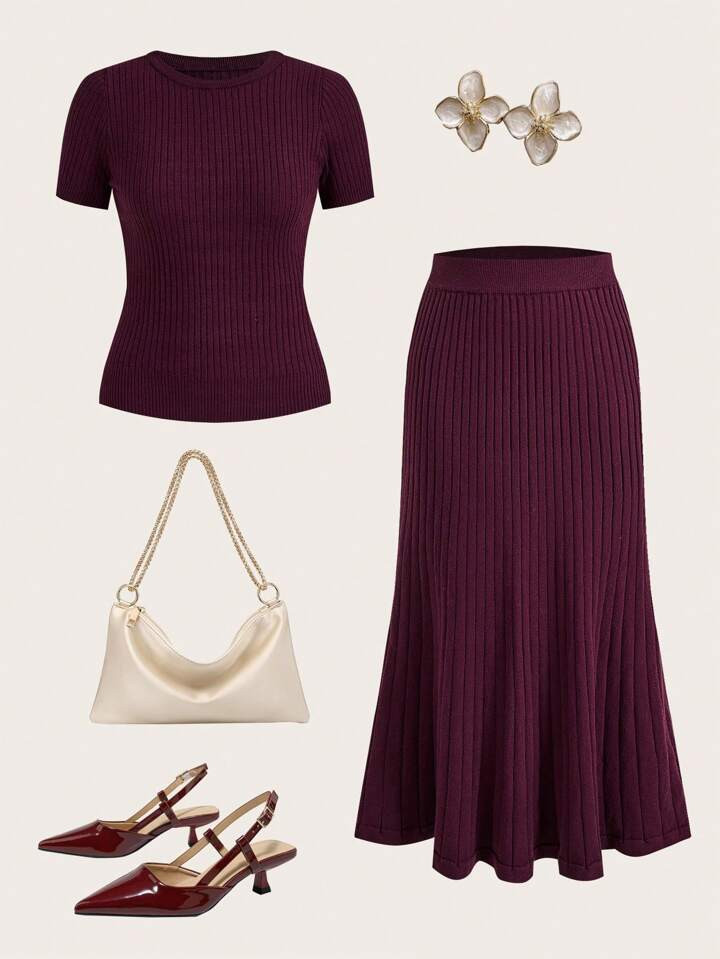 SHEIN Modely 2 stuks dames effen kleur ronde hals korte mouw top en elegante gebreide rok set | SHEIN