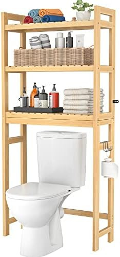 Homykic Over The Toilet Storage, 3-Tier Bamboo Bathroom Shelf with 3 Hooks, Above Toilet Organize... | Amazon (US)