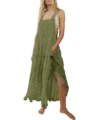 Gacaky Summer Dress for Women Casual Floral Embroidered Bohemian Dress Adjustable Straps Bib Maxi Flowy Dress with Pockets Green M | Amazon (US)