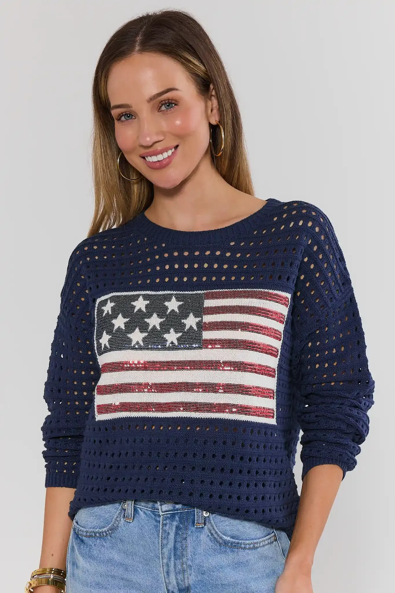Starla Navy Sequin Flag Crochet Sweater | Avara