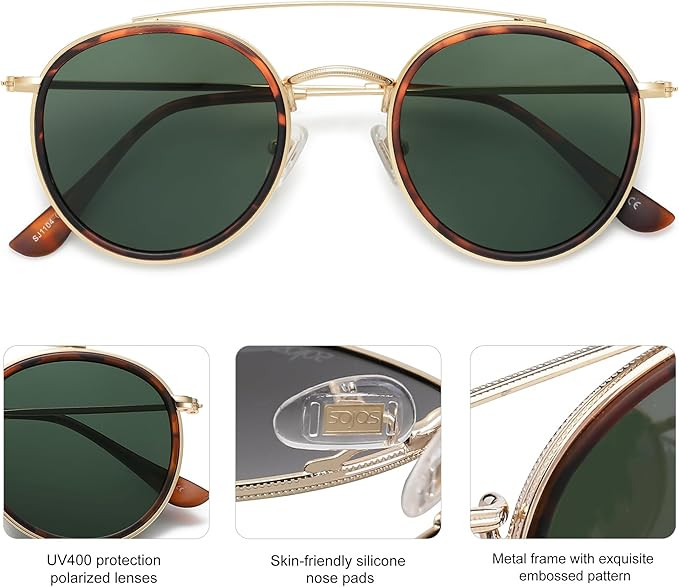 SOJOS Retro Vintage Round Polarized Sunglasses for Women Men Small Double Bridge Circle Sunnies S... | Amazon (US)